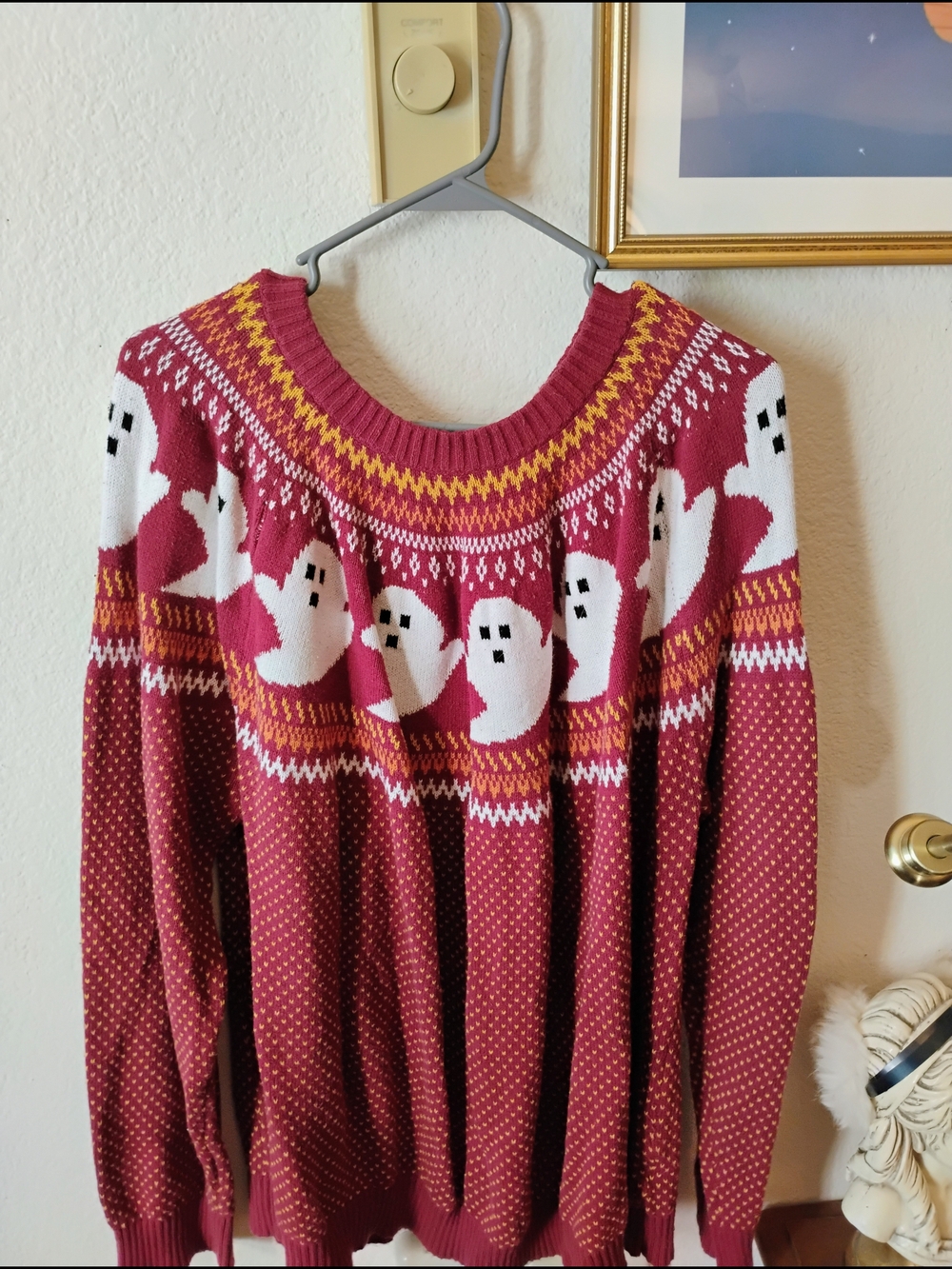 Modcloth Maroon Crewneck Sweater with White Ghost Fair Isle and Yellow Accents